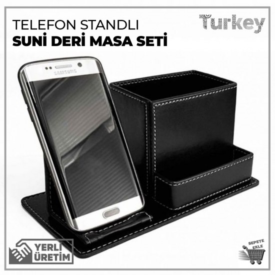 Telefon Standlı Suni Deri Masa Seti